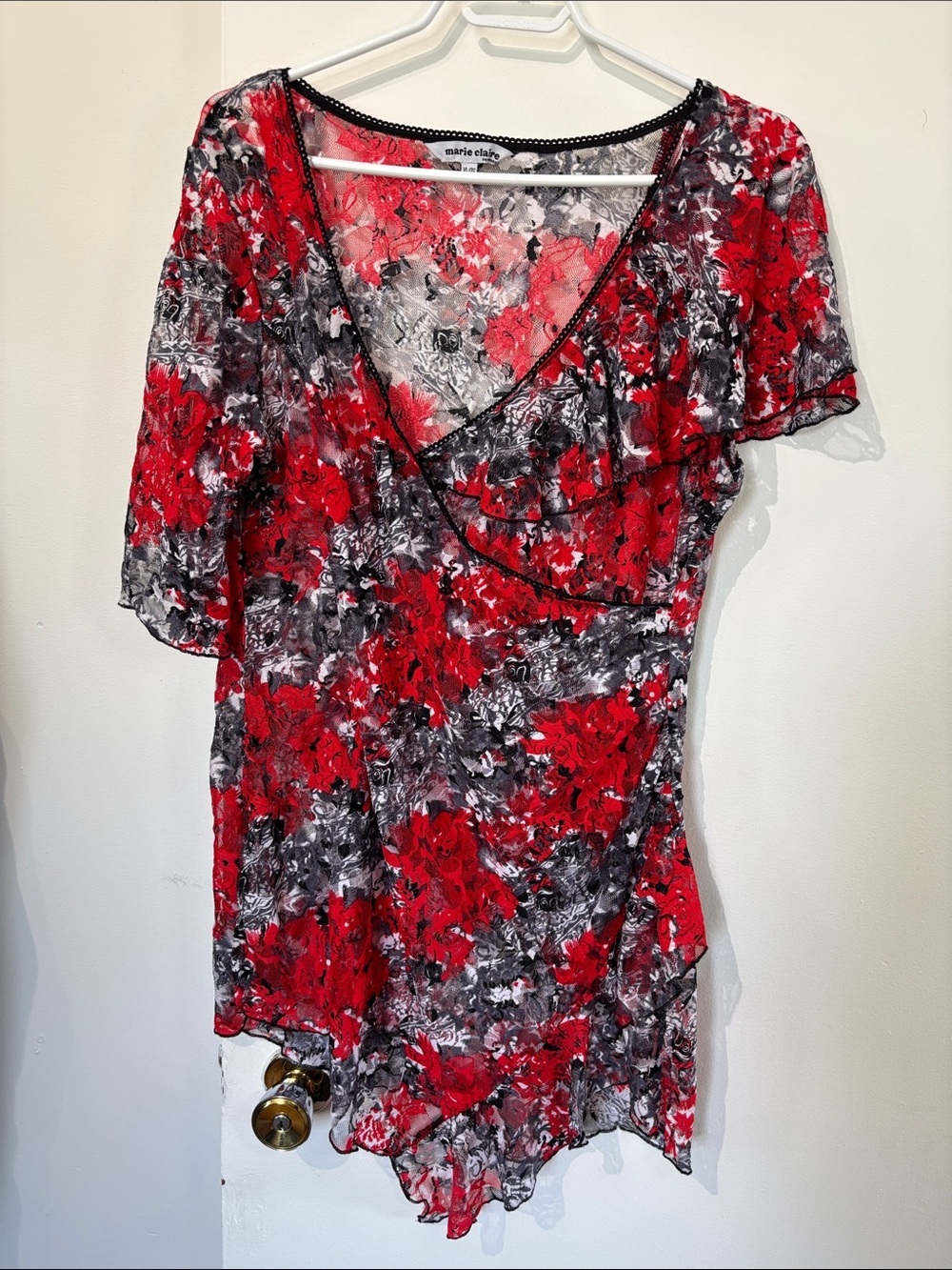 Marie Claire Red & Black Floral Wrap-Style Tunic